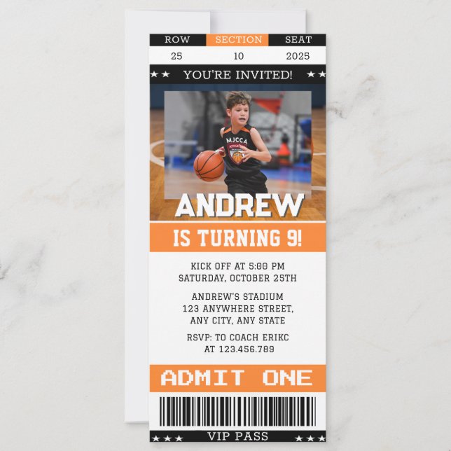 Personal Basketball Birthday Ticket with image Invitation (Front)