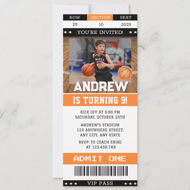 Personal Basketball Birthday Ticket with image Invitation (Front)
