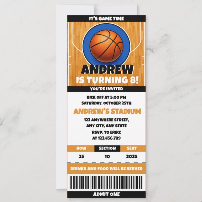 Personal Basketball Fan's Birthday Ticket Invitation (Front)