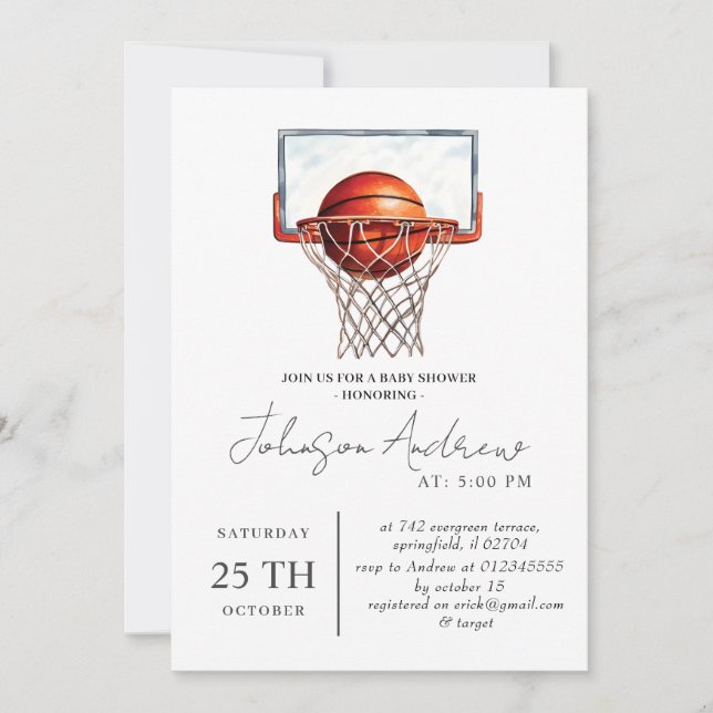 Personal Basketball Theme Baby Shower Text Invitation (Front)