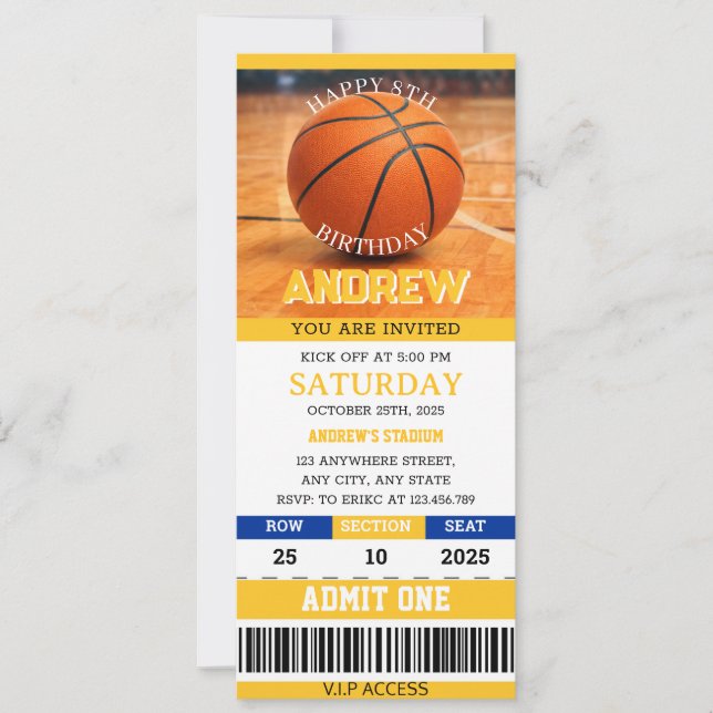 Personal Basketball Ticket Blue & Yellow Birthday Invitation (Front)