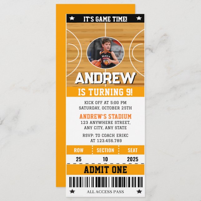 Personal Basketball Ticket with Photo Invitation (Front/Back)