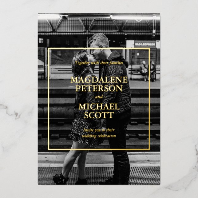 Personal Black & White Photo Gold Frame Foil Invitation (Front)
