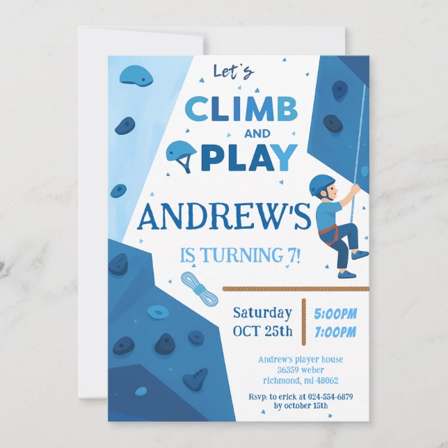 Personal Blue Rock Climbing Birthday Party Invitation (Front)