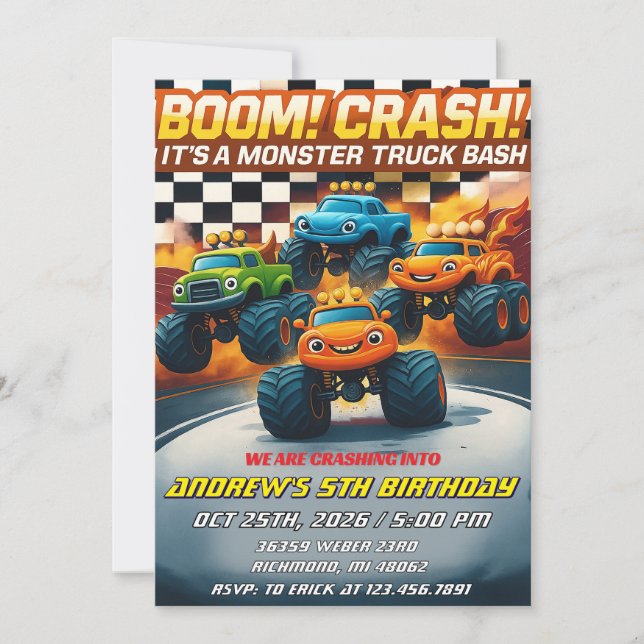 Personal Boom Crash Monster Truck Birthday  Invitation (Front)