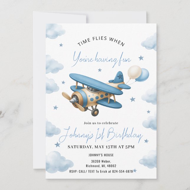 Personal Boy Airplane 1st Birthday Invitation (Front)