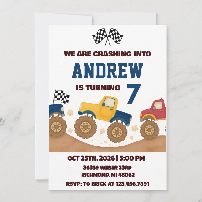 Personal Boy Monster Truck Birthday Party  Invitation (Front)