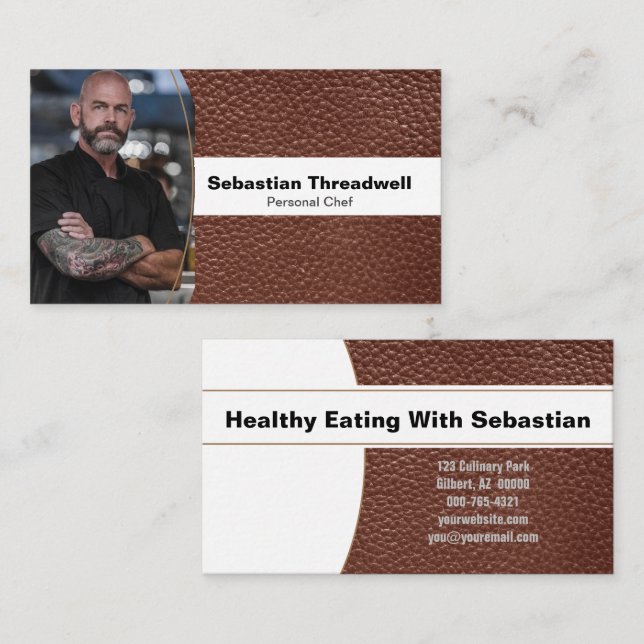 Personal Chef Brown Leather Custom Photo Business Card (Front/Back)