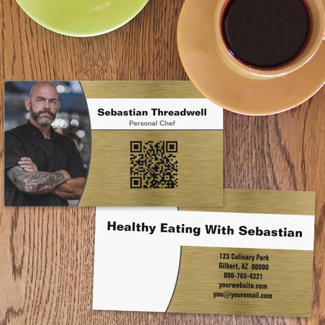 Personal Chef Brushed Brass Custom Photo QR Code Business Card (Creator Uploaded)