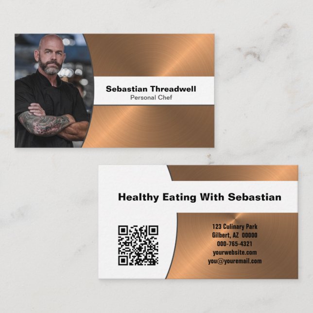 Personal Chef Brushed Copper Custom Photo QR Code Business Card (Front/Back)
