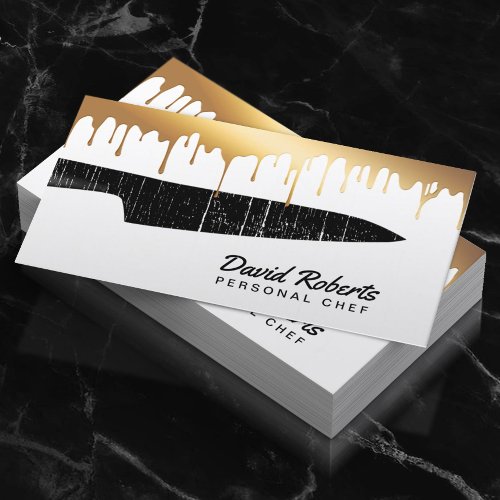 Personal Chef Catering Black Knife Chic Gold Drips Business Card