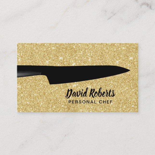 Personal Chef Catering Black Knife Gold Glitter Business Card (Front)