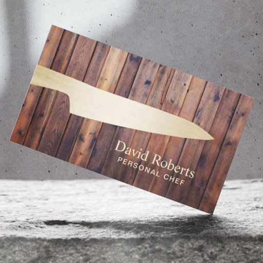 Customizable Personal Chef Catering Gold Knife Rustic Wood Business Card