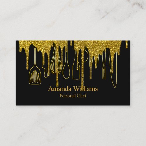 Personal Chef Catering Kitchen Utensils Gold Drip Business Card