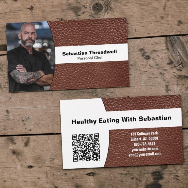 Personal Chef Custom Photo Brown Leather QR Code Business Card (Faux leather business card template with QR code.)