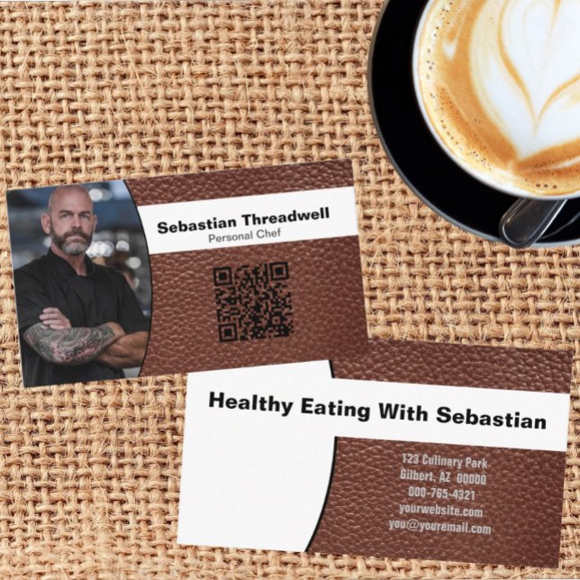 Personal Chef Custom Photo Brown Leather QR Code  Business Card (business card template front and back)