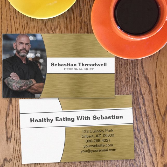 Personal Chef Faux Brushed Brass Custom Photo Business Card (Creator Uploaded)
