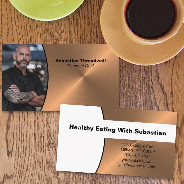 Personal Chef Faux Brushed Copper Custom Photo  Business Card (Creator Uploaded)