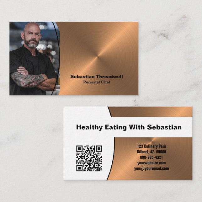 Personal Chef Faux Copper Custom Photo QR Code  Business Card (Front/Back)