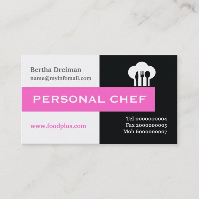 Personal chef minimalist black, white, hot pink business card (Front)