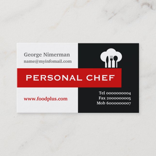 Personal chef minimalist black, white, red business card (Front)