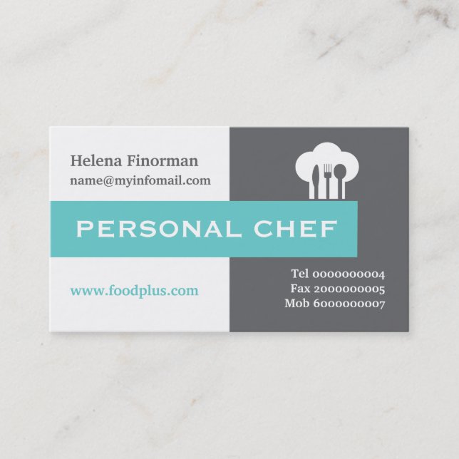 Personal chef minimalist grey, white, aqua business card (Front)