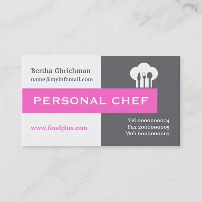 Personal chef minimalist grey, white, hot pink business card (Front)