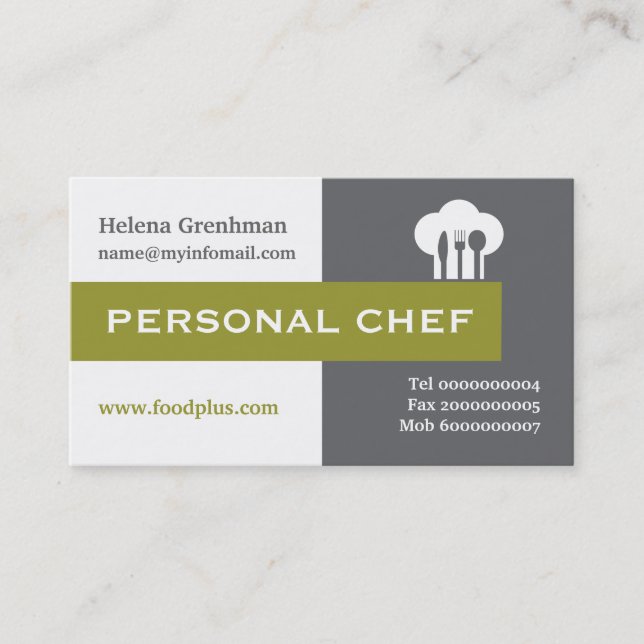 Personal chef minimalist grey, white, olive business card (Front)