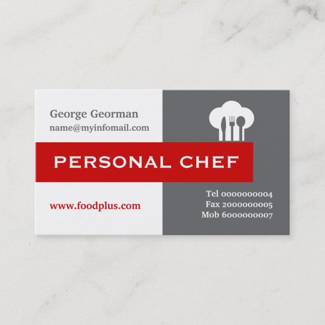 Personal chef minimalist grey, white, red business card (Front)