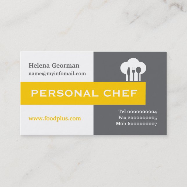 Personal chef minimalist grey, white, yellow business card (Front)