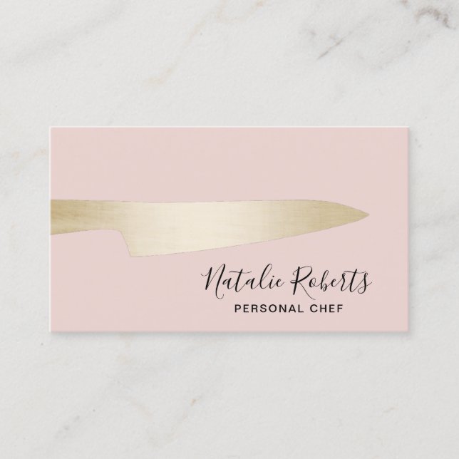 Personal Chef Pastry Gold Knife Elegant Blush Pink Business Card (Front)