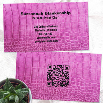 Personal Chef Pink Leather Qr Code Custom Business Card by PaPr_Emporium at Zazzle