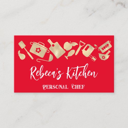 Personal Chef Restaurant Catering QR Logo Red Gold Business Card