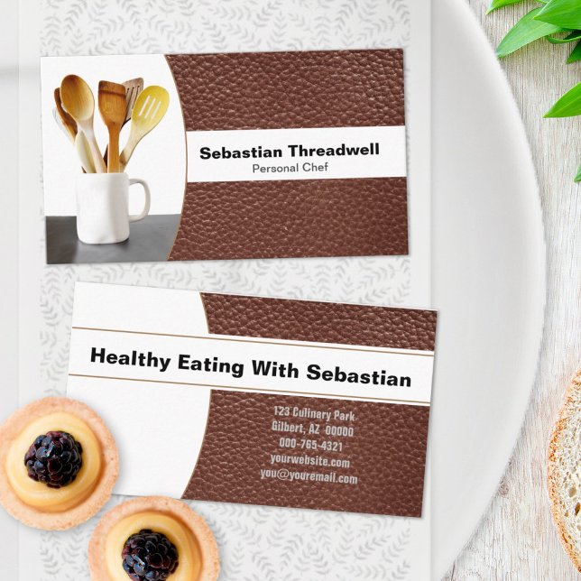 Personal Chef Spoons Brown Leather Custom Photo Business Card (Creator Uploaded)