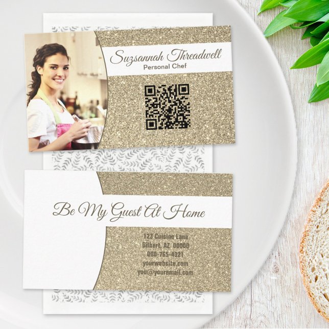 Personal Chef Subtle Gold Glitter Custom Photo QR Business Card (Creator Uploaded)