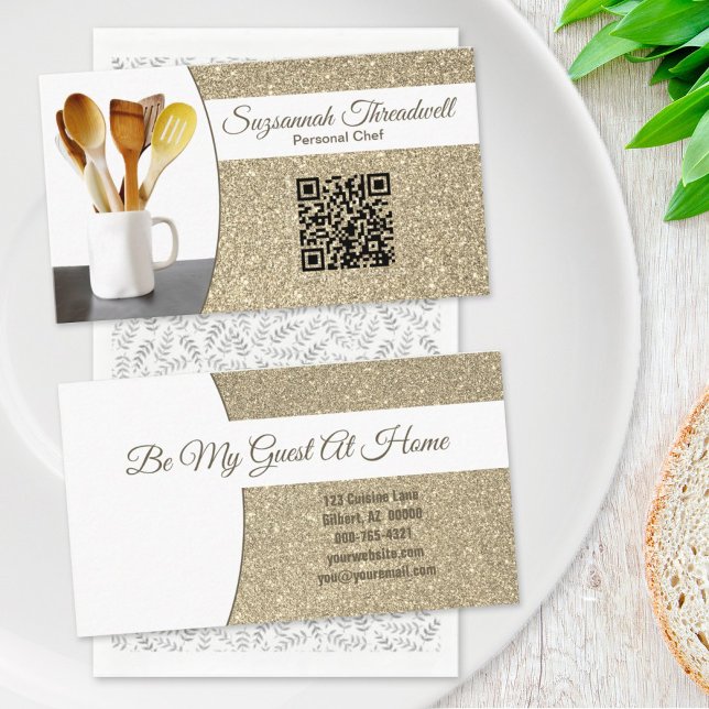Personal Chef Subtle Gold Glitter Custom Photo QR Business Card (Creator Uploaded)