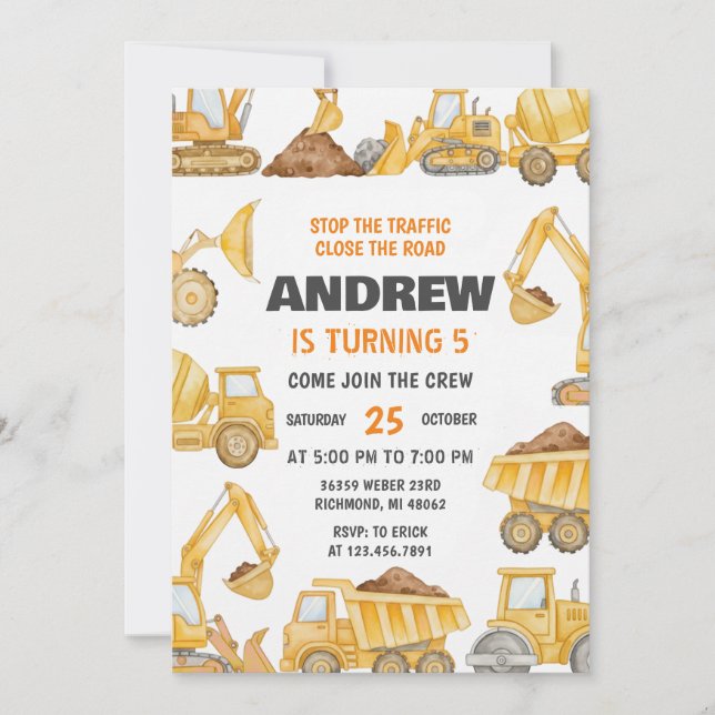 Personal Construction Boys Modern Birthday Party  Invitation (Front)
