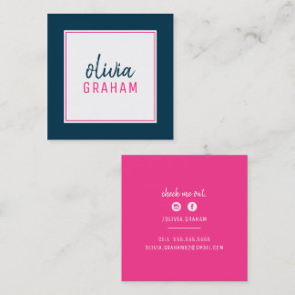 PERSONAL CONTACT bold border bright pink navy blue Square Business Card