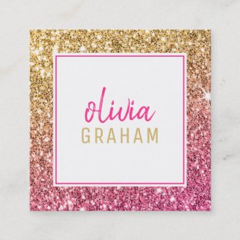 Personal Contact Bold Border Hot Pink Gold Glitter Square Business Card by edgeplus at Zazzle
