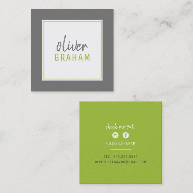 PERSONAL CONTACT bold border lime green grey gray Square Business Card (Front/Back)