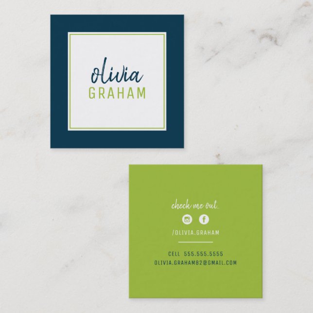 PERSONAL CONTACT bold border lime green navy blue Square Business Card (Front/Back)
