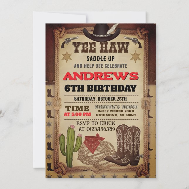 Personal Cowboy Hat and Lasso Wild West Birthday Invitation (Front)