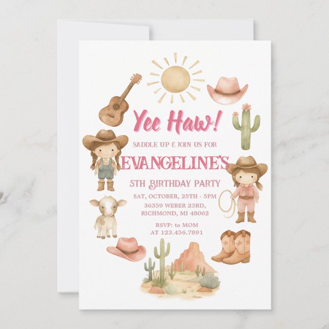 Personal Cowgirl Pink Retro Birthday Party Invitation (Front)