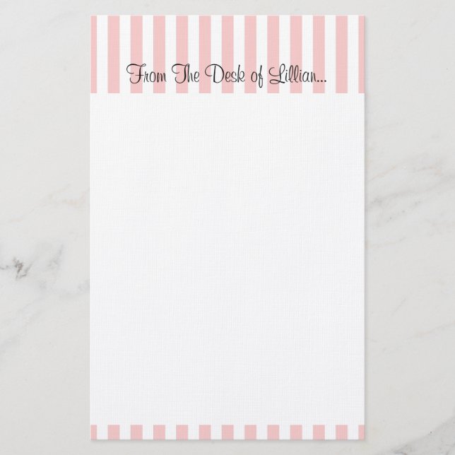 Personal, customizable pink and white stripe stationery (Front)