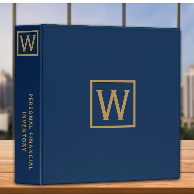 Personal Financial Inventory Gold Monogram Blue 3 Ring Binder (Creator Uploaded)