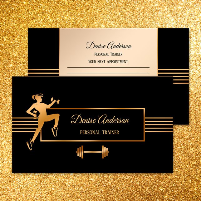 Personal Fitness Trainer Appointment Business Card (Appointment business card for a personal trainer or fitness instructor in rose gold and black)