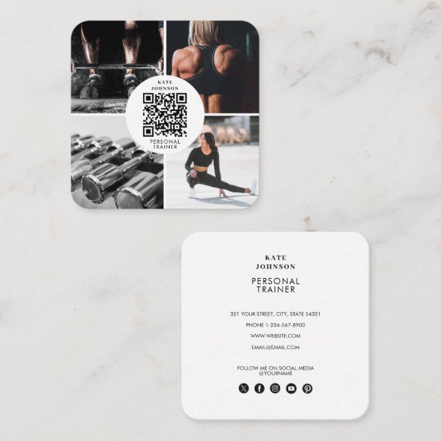 Personal Fitness Trainer Photo QR Social Media Square Business Card (Front/Back)