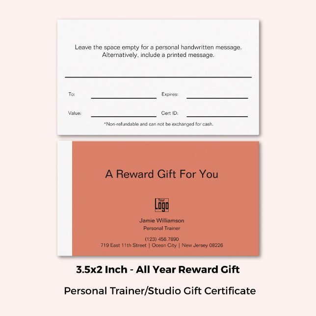 Personal Fitness Trainer Reward Gift Certificate (3.5x2 Inch, Personal Fitness Trainer Reward Gift Certificate, Orange, White, Black)