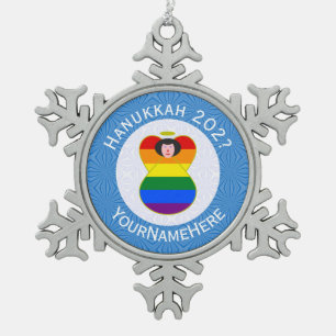 Personal Gay Pride Angel Black Hair Hanukkah Flag Snowflake Pewter Christmas Ornament