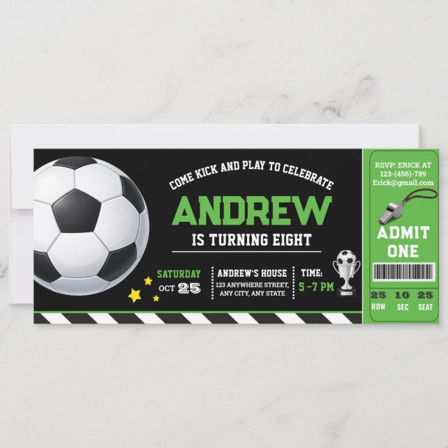 Personal Green modern Soccer Ticket Birthday Invitation (Front)